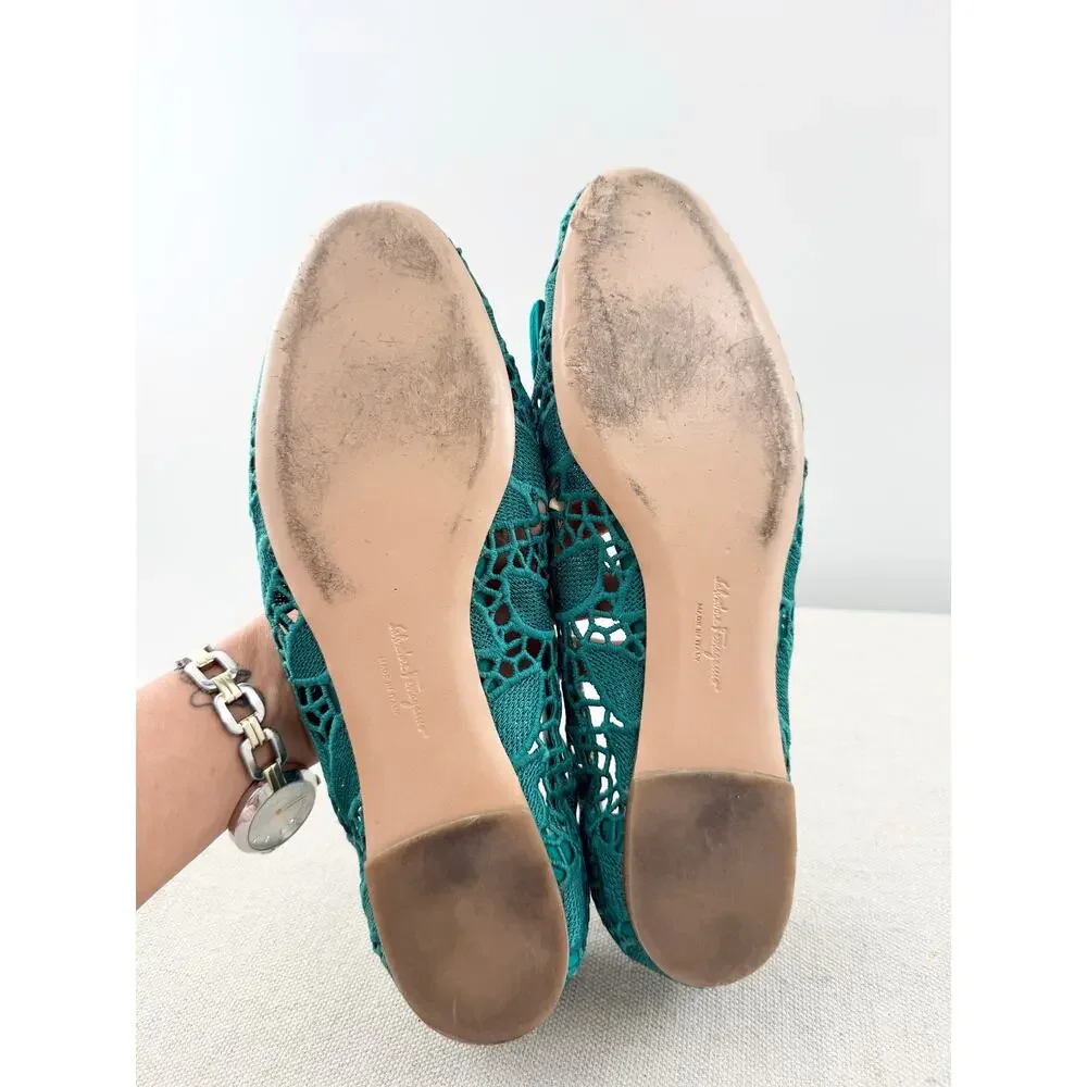 Salvatore Ferragamo Varina Lace Slip On Round Toe Ballet Flat Turquoise Women 40